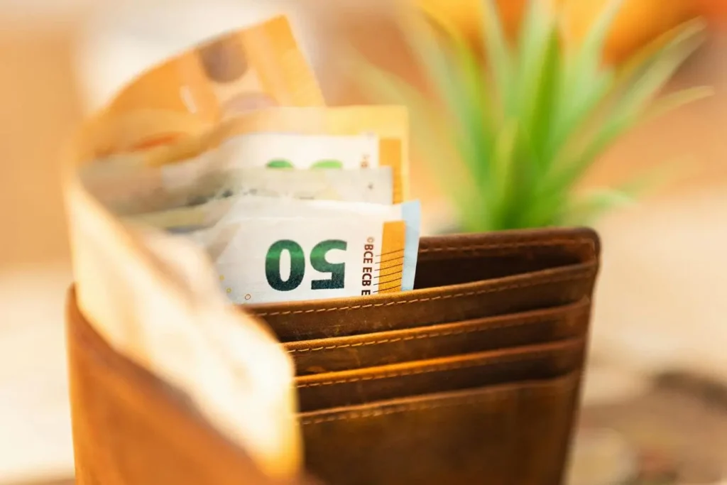 Portefeuille en cuir brun ouvert laissant apparaître billets d’euros, image illustrant la meilleure banque sans frais pour voyager à l’étranger.